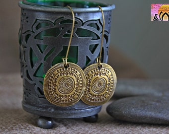 Bronze Earrings | Antique Bronze | Hammered Embossed Bronze Metal Dangle Earrings | Bohemian Ethnic Jewellery | Original Rustic Earrings