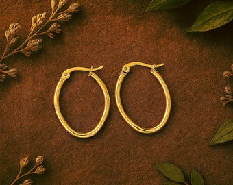 Oval Golden Hoops | 20x27mm | Hypoallergenic Stainless Steel Earrings | Original Modern Boho Hoops