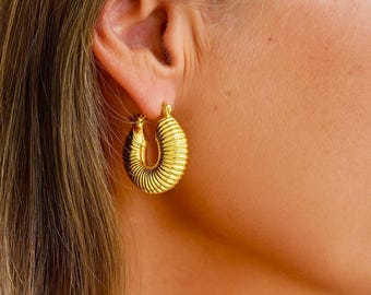Chunky Gold Hoop Earrings | 18k Gold | 27x24mm | 8mm Wide Thick Hoops | Original Boho Elegant Earrings