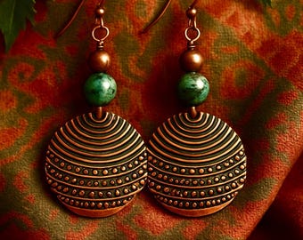 Copper and African Turquoise Dangle Earrings | EVOLUTION/NEW PERCEPTIONS/Positive Change/Structure | Bohemian Ethnic Metal Charm Earrings