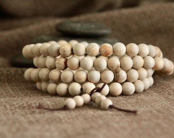 Natural Silkwood Mala | Fragrant Wooden Beads | 108 Mala Beads | Yoga Meditation | Long Necklace Wrap Bracelet | Stretchy Elastic | 8mm bead