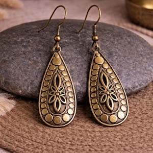 Bronze Teardrop Earrings | Antique Bronze | Flower Metal Dangle Earrings | Bohemian Ethnic Jewelry | 50mm | Dainty Pretty Statement Earrings