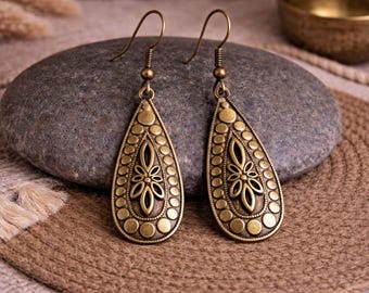 Bronze Teardrop Earrings | Antique Bronze | Flower Metal Dangle Earrings | Bohemian Ethnic Jewelry | 50mm | Dainty Pretty Statement Earrings