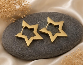 Star Stainless Steel Huggies | 24x22mm | Hypoallergenic Earrings | Golden Hoops | Small Boho Hoops | Unisex | Sensitive Ears