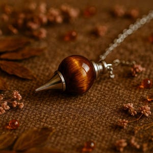 Tiger&#39;s Eye Pendulum | Dowsing Pendulum Pendant | 41x18mm | 23cm long chain with clasp | Silver | Natural Gemstone Crystal Divining Pendulum