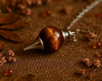 Tiger's Eye Pendulum | Dowsing Pendulum Pendant | 41x18mm | 23cm long chain with clasp | Silver | Natural Gemstone Crystal Divining Pendulum