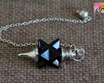 Black ONYX Merkaba Star Pendulum | Dowsing Pendulum Pendant | 44x17mm | 23.5cm long chain with clasp | Gemstone Crystal Divining Pendulum