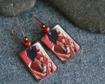 ONLY ONE | Retro Ethnic Earrings | Woman Portrait | Handmade Oxidized Copper Charm | Original Artisan Earrings | Unique Boho Jewelry