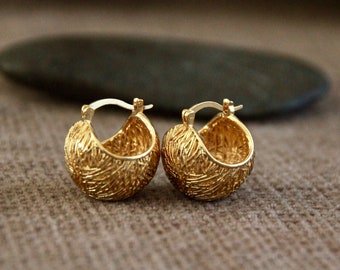 Chunky Gold Earrings | 18k Gold Hoops | Hollow Woven Basket Earrings | 20x19mm | Original Boho Ethnic Design | Statement Hoops