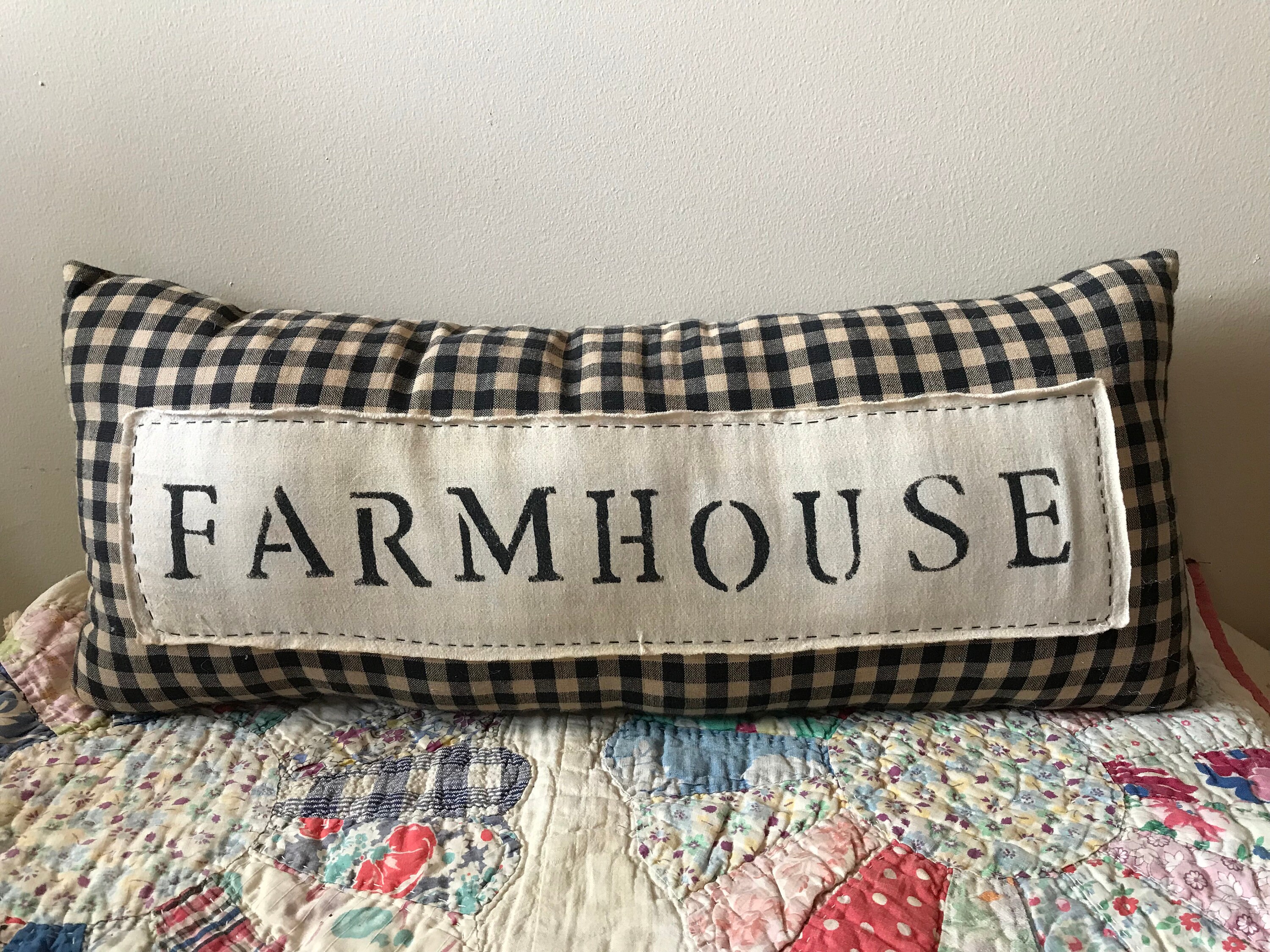 Farmhouse Pillow Handmade Black And Tan Check Pillow Primitive