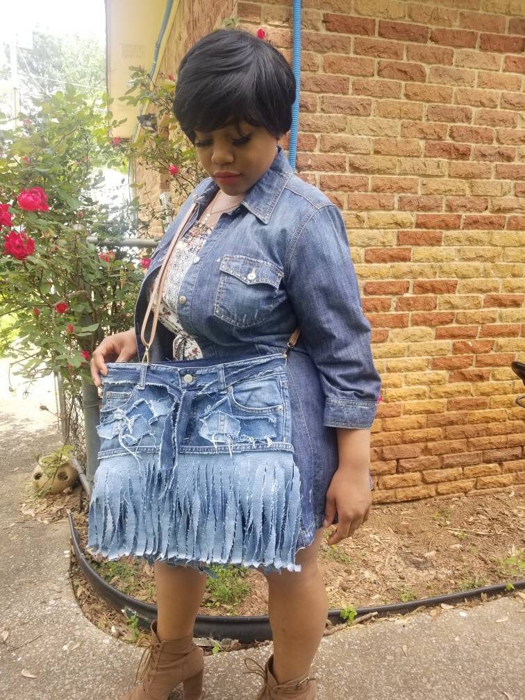 Denim crossbody fringe bag crossbody patchwork bag fringe Etsy