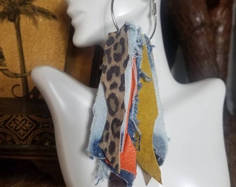 Leather & denim hoop earrings