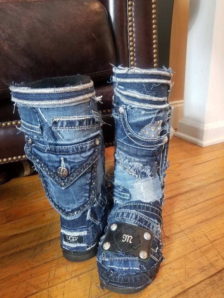Custom Denim Boots, Miss Me Jeans. Boots Size 10. Ready to Ship