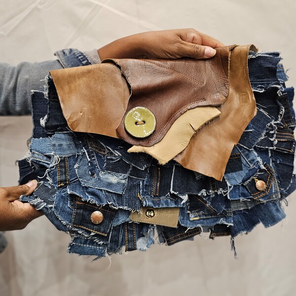 Custom denim & brown leather clutch