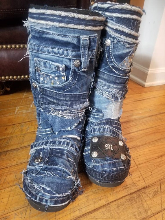 Custom Denim Boots Denim Patchwork Boots With Leather & Bling - Etsy