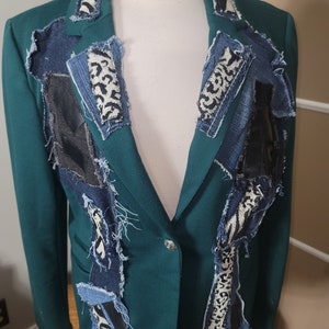 Custom denim Patchwork animal print green blazer size Large