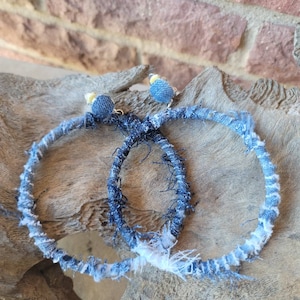 Clip on denim distressed jean hoop earrings, denim hoops