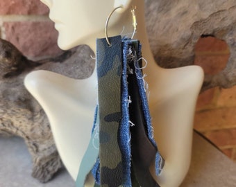 Camouflage Genuine Leather & Denim Long Statement Earrings