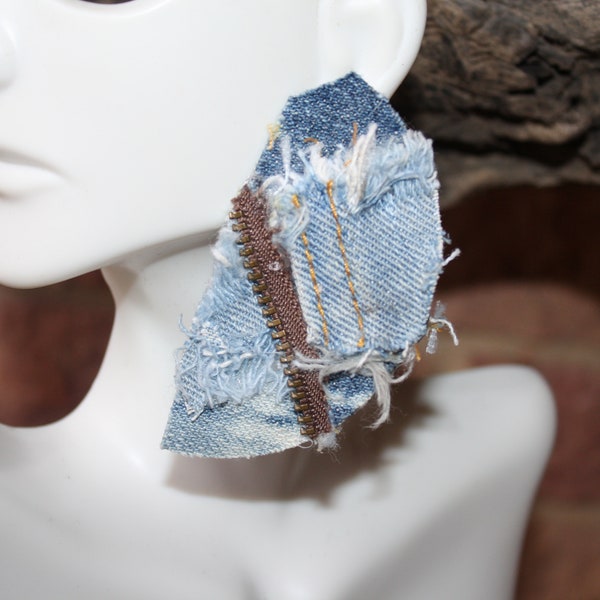 Upcycled distressed denim blue jean earrings with zipper accent