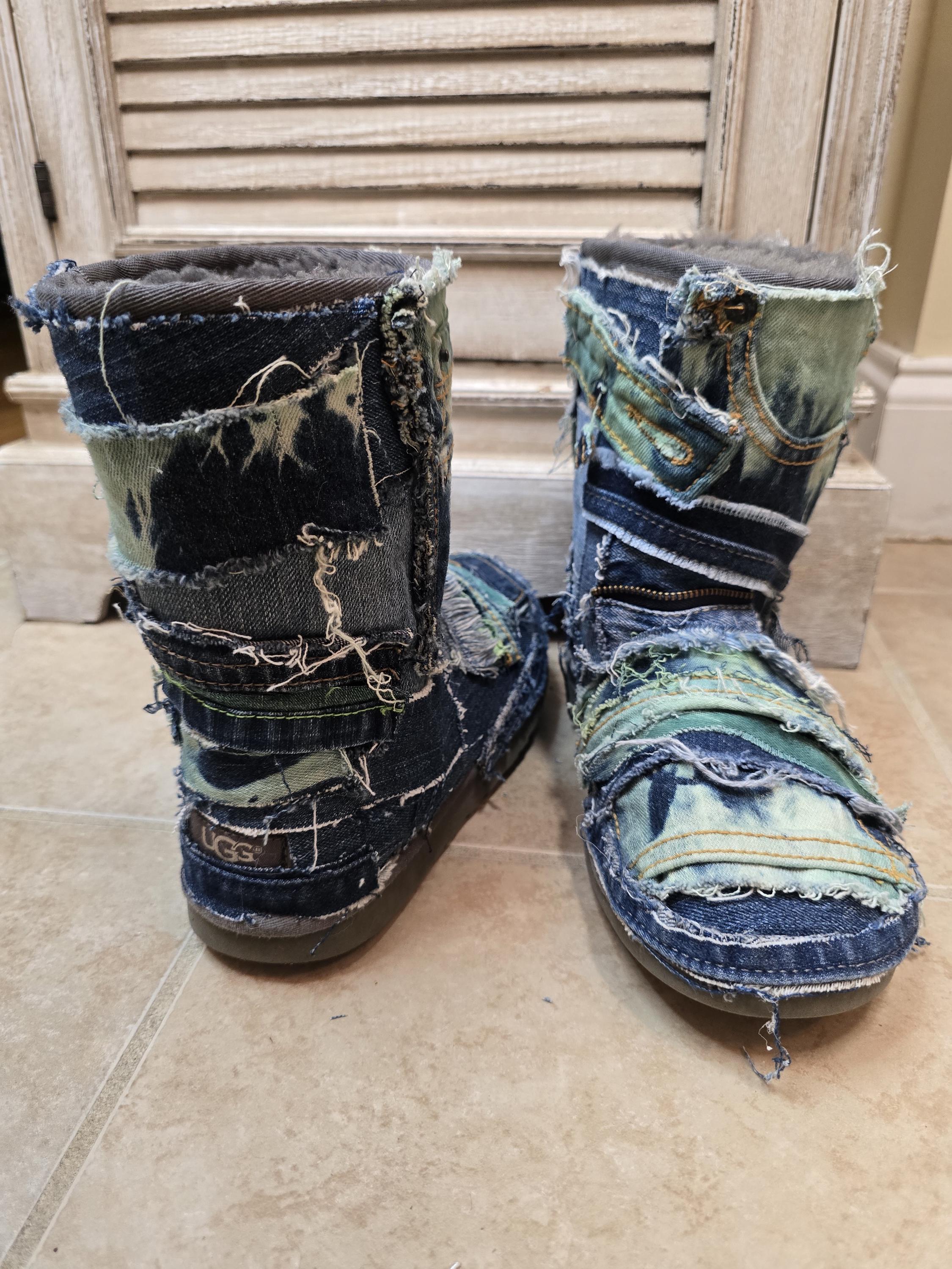 Custom Reworked Green Tie Dye Patchwork Denim Boots Size 7. Ready
