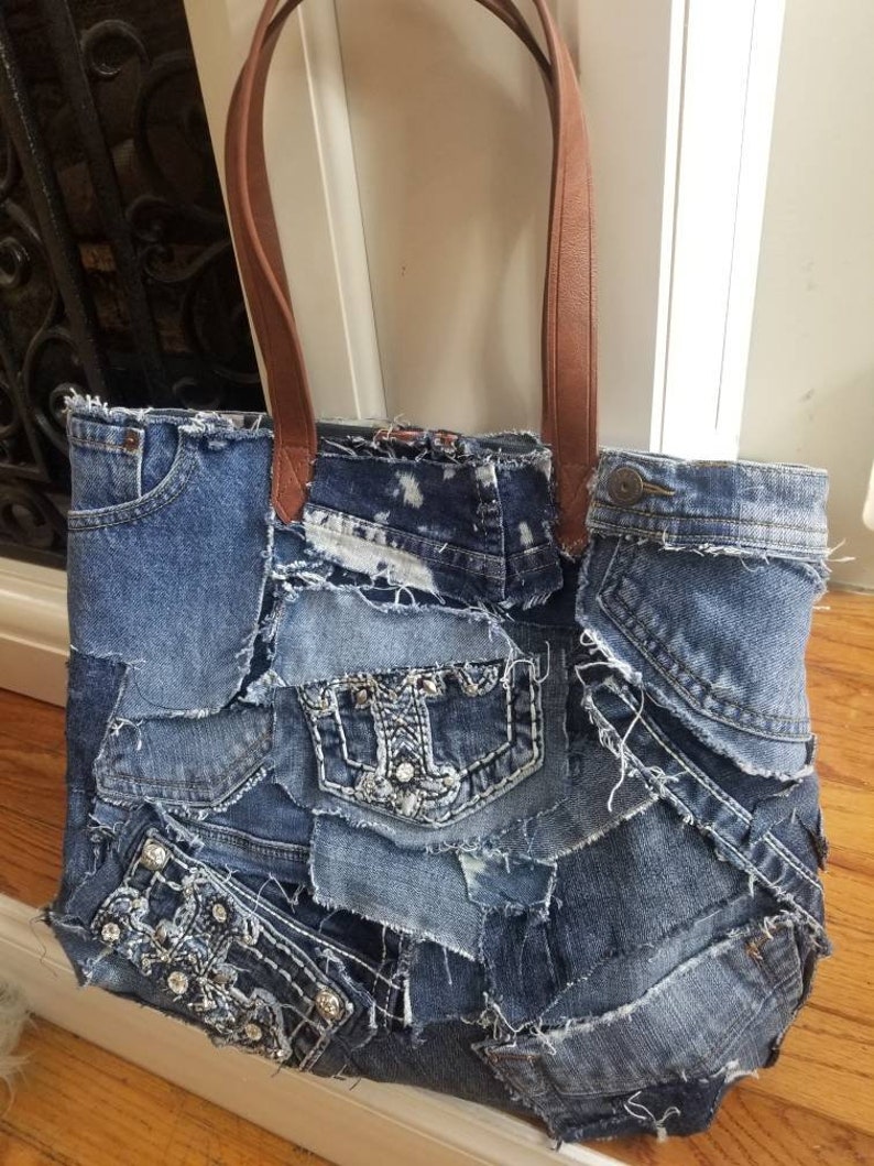 Denim hobo bling bag distressed denim purse Miss me jeans | Etsy
