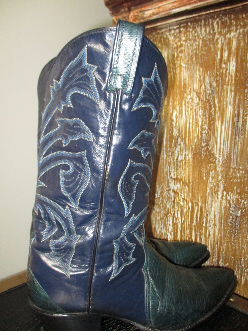 Tony Lama Cowboy boots RARE lizard goat top blue green