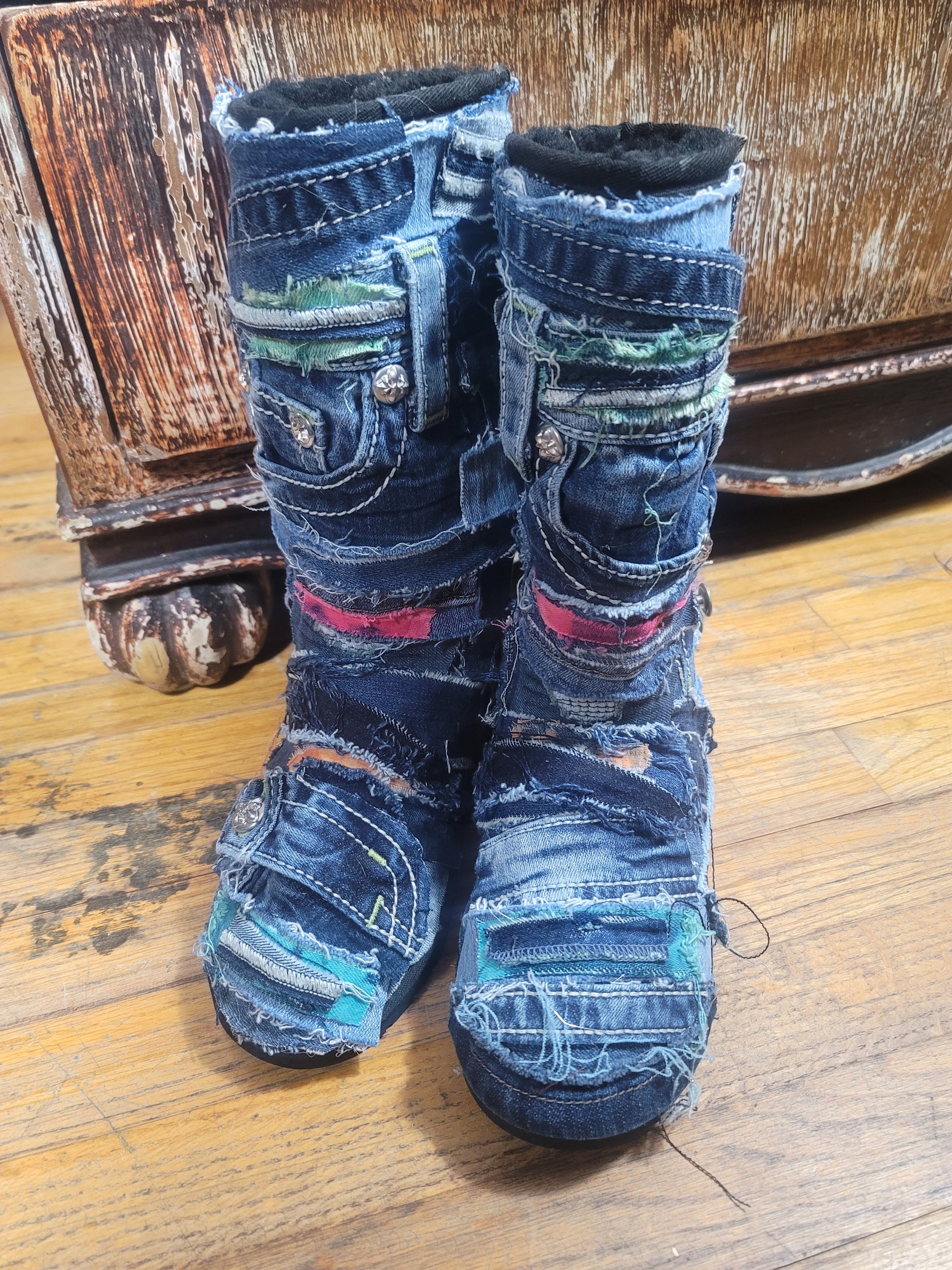 Custom Covered Denim Patchwork Designer Boots Boots – Size
