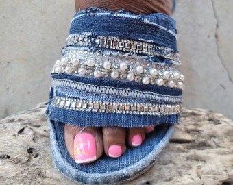 Custom denim slides with pearl accents and bling