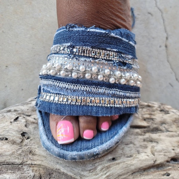 Custom denim slides with pearl accents and bling