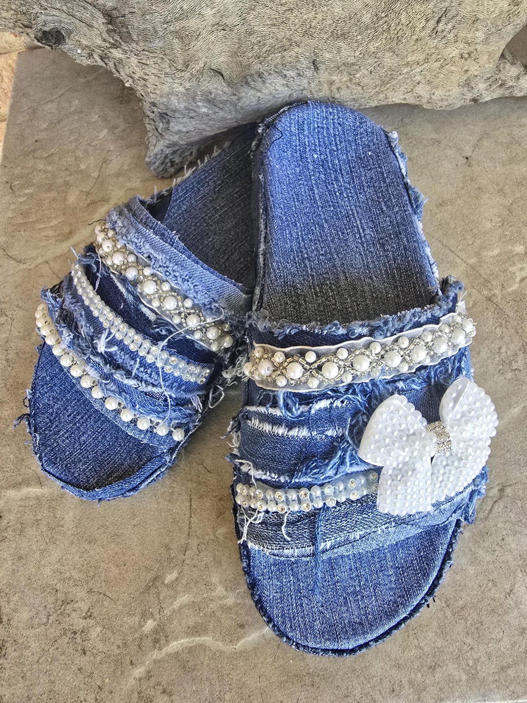 Custom Denim Patchwork Slides With Bling, Pearls & Bow Accents - Etsy