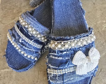 Custom denim patchwork Slides with bling, pearls & bow accents