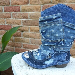 Custom Upcycled Distresed Denim, blue jean Patchwork Sequined Cowboy Boots Girls Size 3 image 3