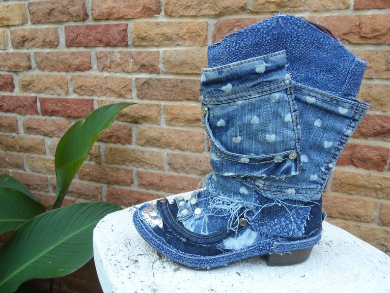 Custom Upcycled Distresed Denim, blue jean Patchwork Sequined Cowboy Boots Girls Size 3 image 3