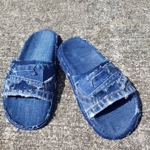 Denim slides, distressed denim sandals