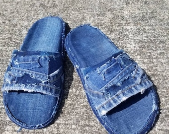 Denim slides, distressed denim sandals