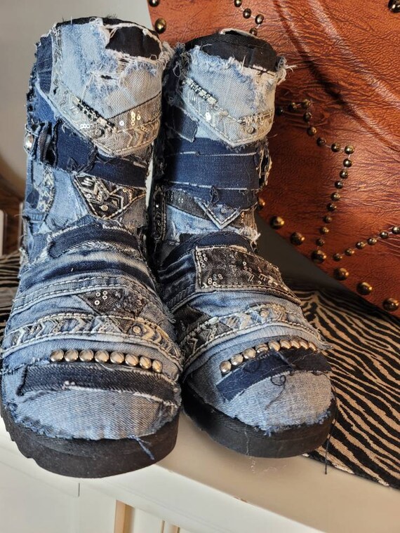 Custom Denim Boots, Miss Me Jeans. Boots Size 10. Ready to Ship