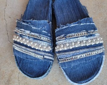 Custom Denim Slides With Pearl Accents and Bling - Etsy display picture 3