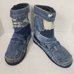 NEW Custom Upcycled Distressed Tie Dye Denim, blue jean Silver Bling Snow Boots, jean boot, denim boot, recycled levis pockets
