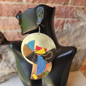 Multi color leather and denim geometric statement earrings
