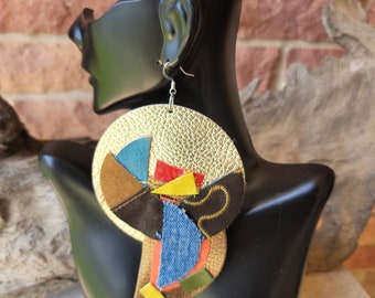 Multi color leather and denim geometric statement earrings