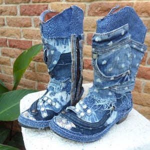 Custom Upcycled Distresed Denim, blue jean Patchwork Sequined Cowboy Boots Girls Size 3 image 1