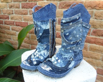 Custom Upcycled Distresed Denim, blue jean Patchwork Sequined Cowboy Boots Girls Size 3