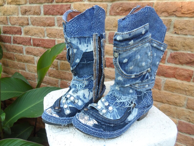 Custom Upcycled Distresed Denim, blue jean Patchwork Sequined Cowboy Boots Girls Size 3 image 1