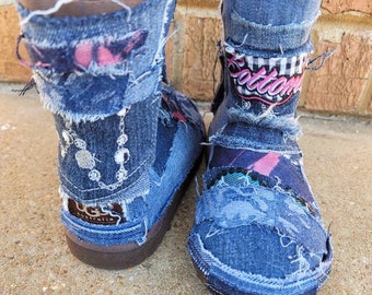 Custom denim  distressed Patchwork boots kid size 11