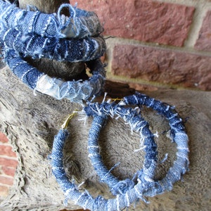 Custom  multi-color distressed frayed recycled vegan denim bracelet and hoop earring jean set