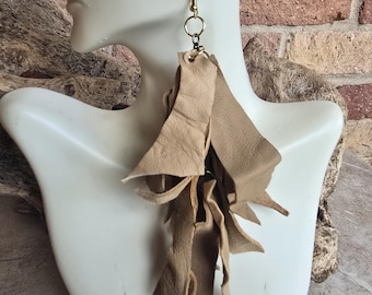 Shredded Tan Leather Fringe Earrings: Cascading Tassel Design