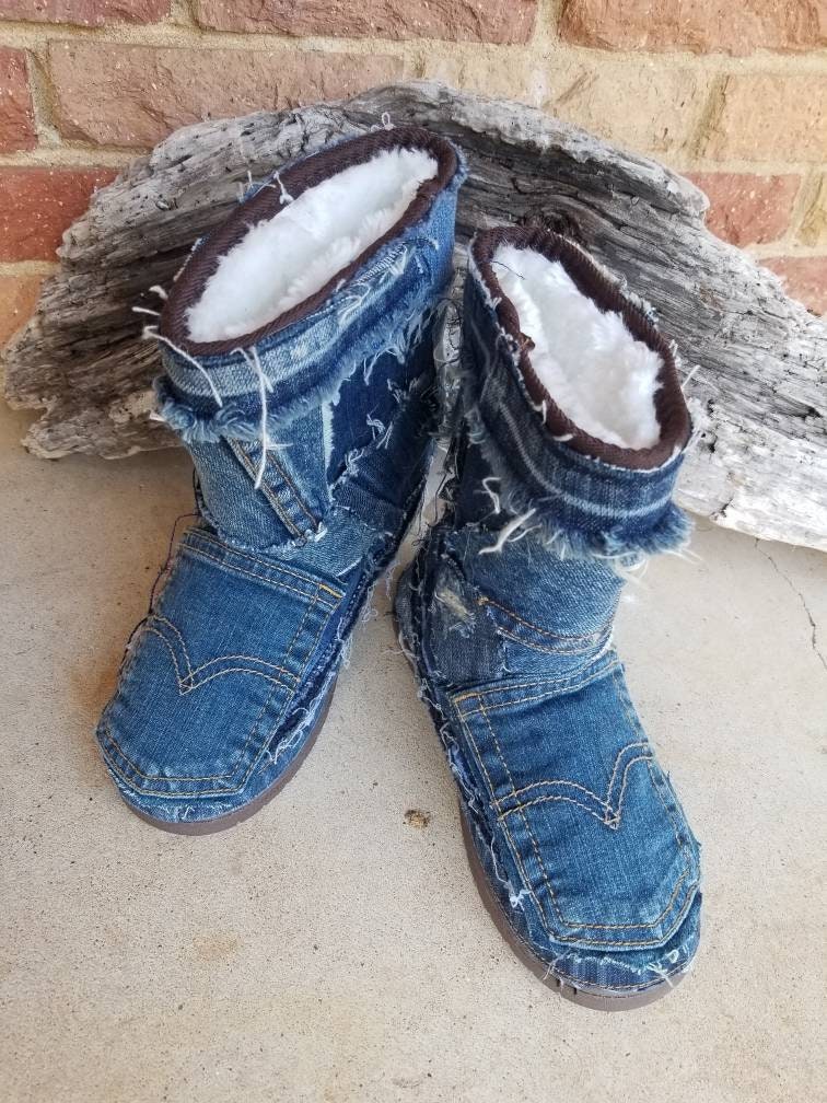 Custom Made Patchwork Denim Leather Shearling Boots: Upcycled