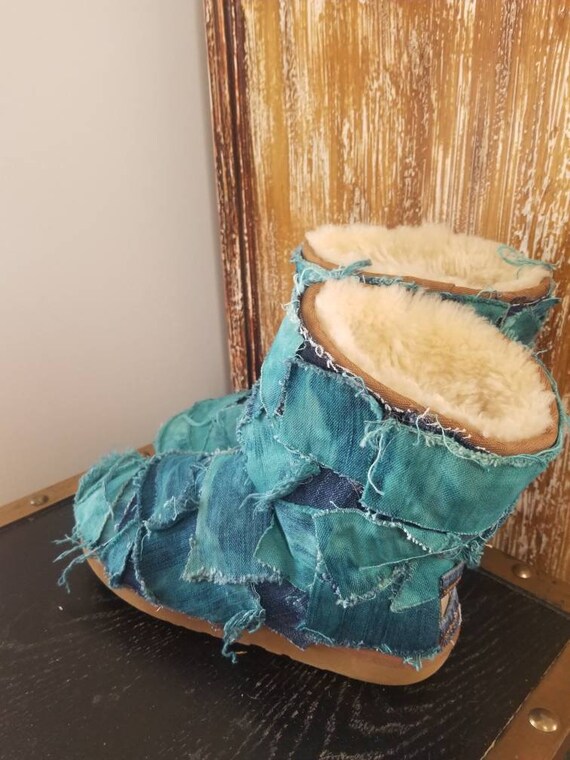 Denim Ugg Boots, Tie Dye Aqua Blue Distressed Destroyed Denim Ugg Boots, Tie Dye Aqua Blue Distressed Destroyed