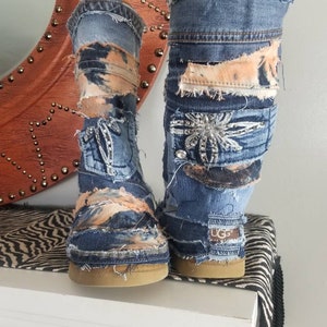 Recycled denim ugg boots wth orange tie dye