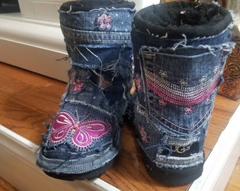 Denim Ugg Boots Patchwork Denim With Butterfly Design - Main Image
